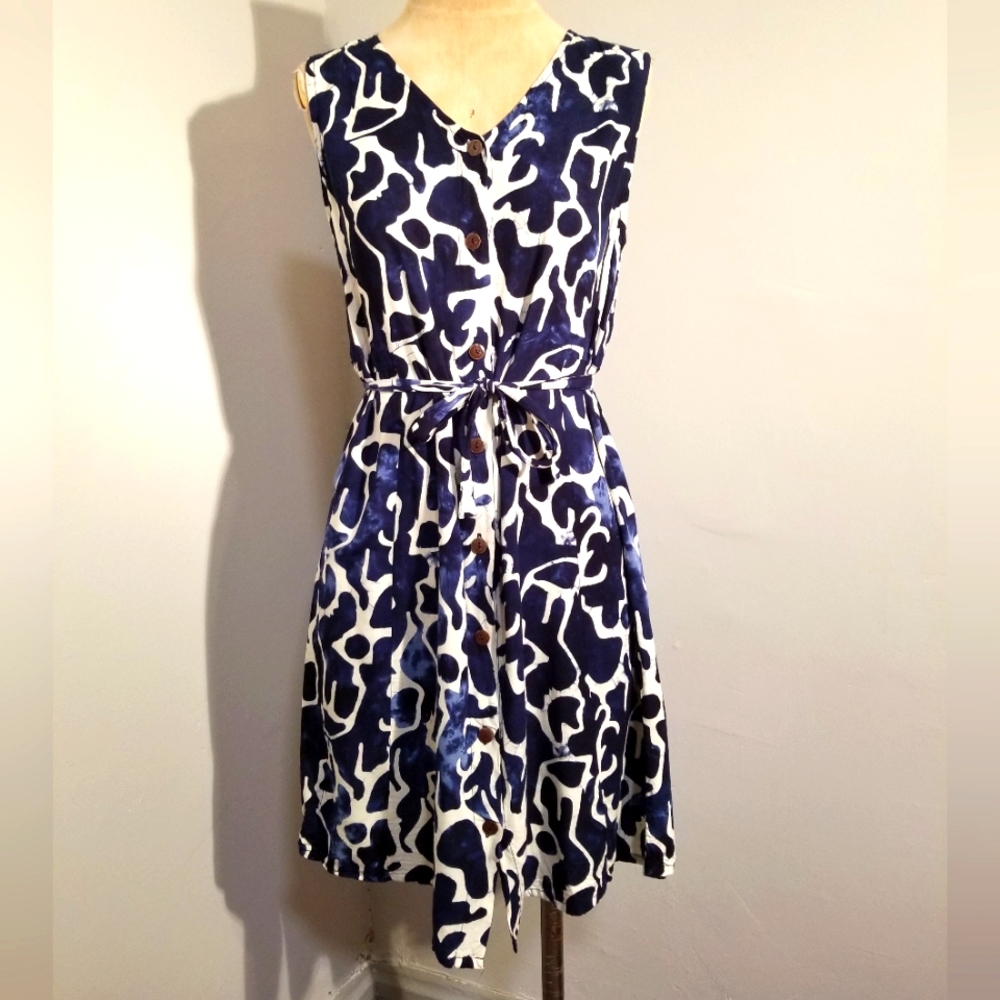 BLUE BATIK DRESS BEAUTIFUL VTG SLEEVELESS BUTTON DOWN ABSTRACT PRINT 90S BOW TIE
